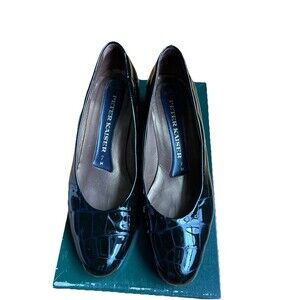 Vintage Peter Kaiser Black Patent Leather Pumps Block Heels Size 7M Crocodile